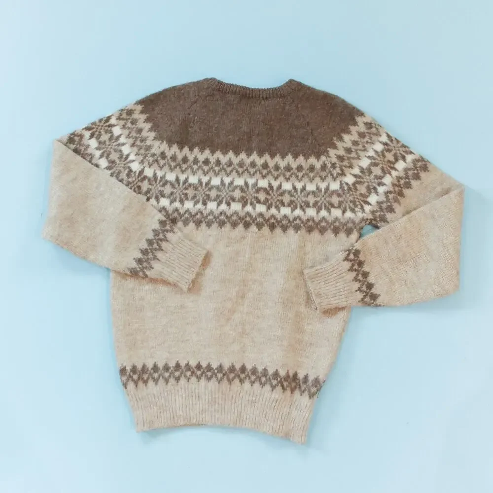 Vintage The Contour Wool Blend Fair Isle Brown Knit Crewneck Sweater Size Medium